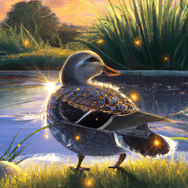 A duck with shiny feathers by a sparkling pond under the sunlight.