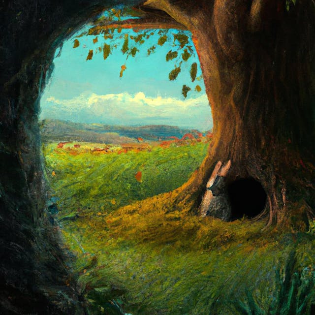A cute rabbit peeking out of a cozy burrow under a big oak tree in a forest setting.