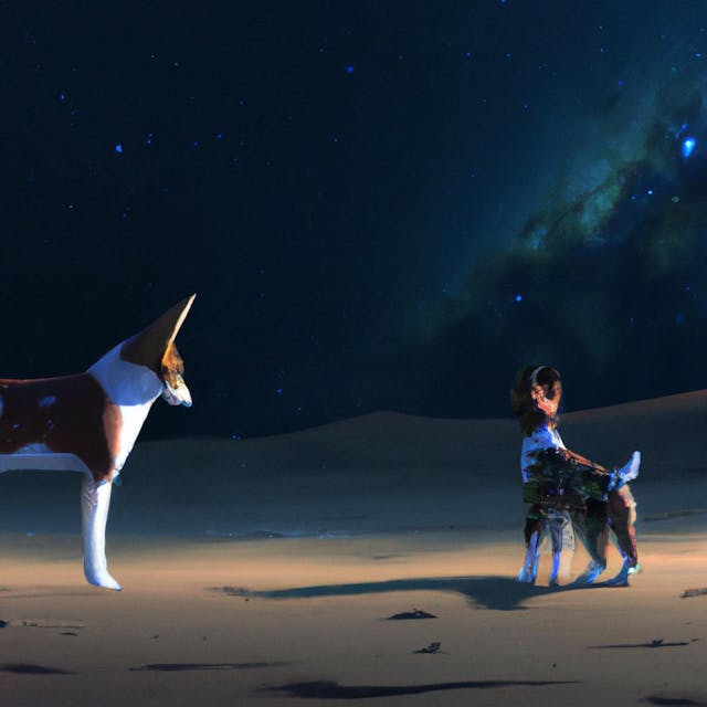 A fennec fox and a basenji meeting under the starry night sky in the desert.